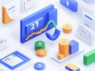 Fototapeta premium Isometric icon featuring blue trading chart, coins, and financial data elements, conveying sense of growth and analysis in modern digital environment