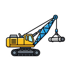Naklejka premium A yellow tracked crane with a blue boom lifts a large metal pipe against a plain white background, ideal for construction or industrial projects.
