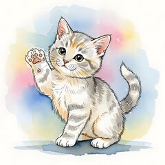 Obraz premium watercolor kitten, fur blending with pastel washes.