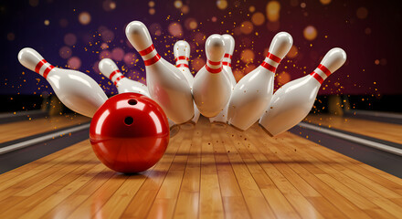 A red bowling ball strikes pins, creating a dynamic, action-filled scene.