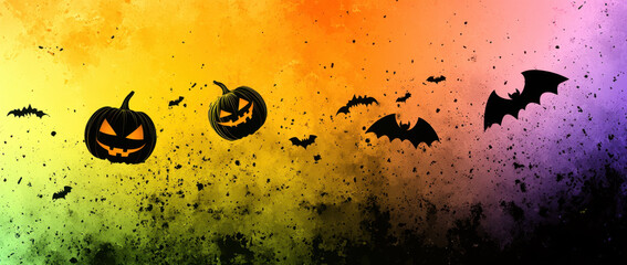 Colorful Halloween background featuring pumpkins and bats, creating spooky yet vibrant atmosphere. gradient transitions from orange to purple, enhancing festive mood