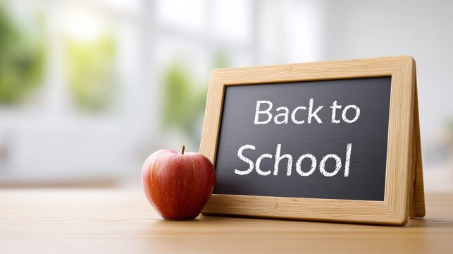 A visual representation of back to school featuring a red apple and a small chalkboard with the text 'Back to School'.