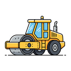 Naklejka premium A vibrant yellow road roller, a powerful heavy construction vehicle, is presented in a clean, modern cartoon illustration style, isolated on white.