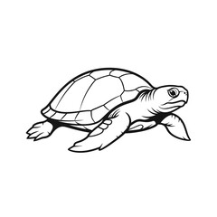 A stylized black and white line art illustration of a swimming turtle featuring a detailed segmented shell and distinct claws.