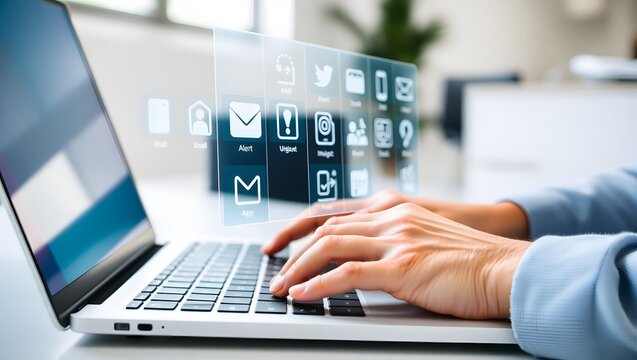 Closeup of a person's hands typing on a laptop, interacting with a futuristic virtual interface of floating digital application icons.