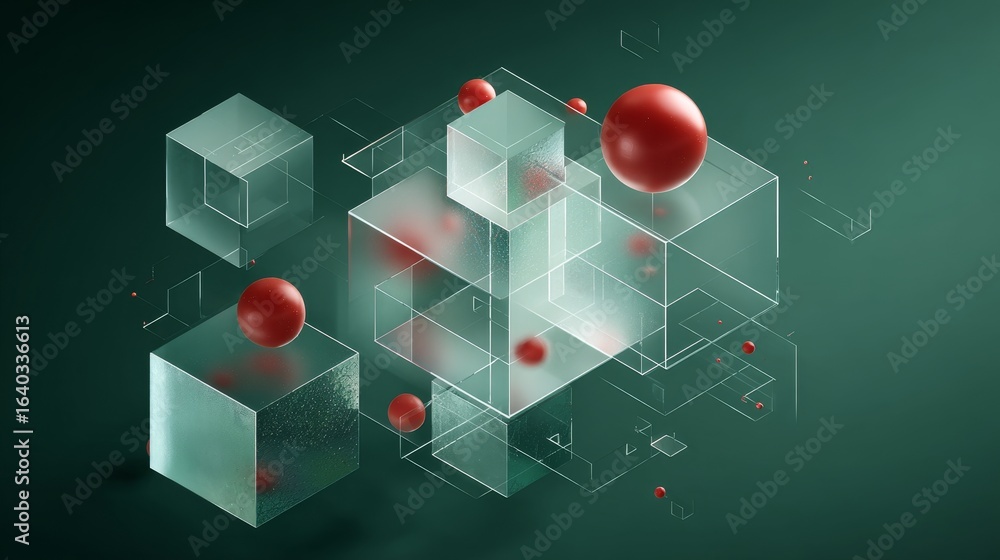 Aufkleber abstract 3d rendering of geometric structure with transparent cubes and red spheres, showcasing mode