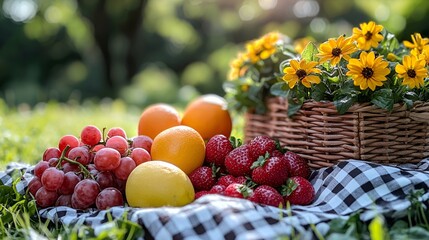 Picnic basket with fresh fruit and flowers in a park.