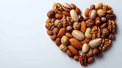 Heart-shaped arrangement of various nuts.