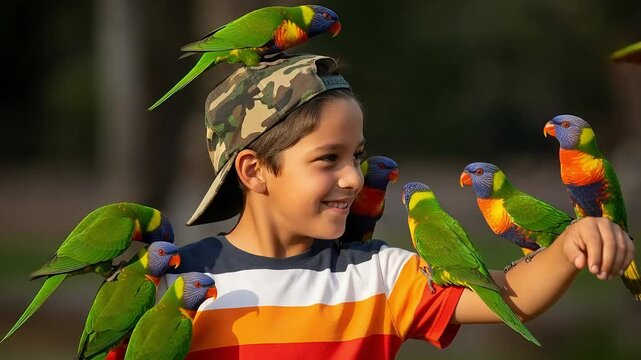 A cheerful young boy is surrounded by colorful rainbow lorikeets perched on his body and arm in a sunny outdoor setting