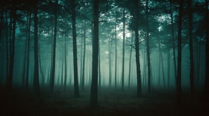 Obraz premium A misty forest at dusk, tall pines shrouded in fog, evoking a sense of mystery and quiet solitude.