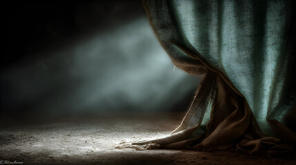A teal curtain pulled back to reveal a dimly lit, dusty floor.