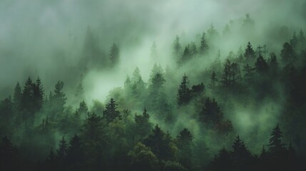Fototapeta premium A misty forest at dusk, tall pines shrouded in fog, evoking a sense of mystery and quiet solitude.
