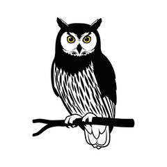 Fototapeta premium Stylized black and white owl with bright yellow eyes perched on a branch.