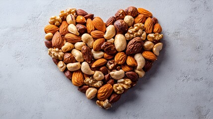 Heart-shaped arrangement of assorted nuts.
