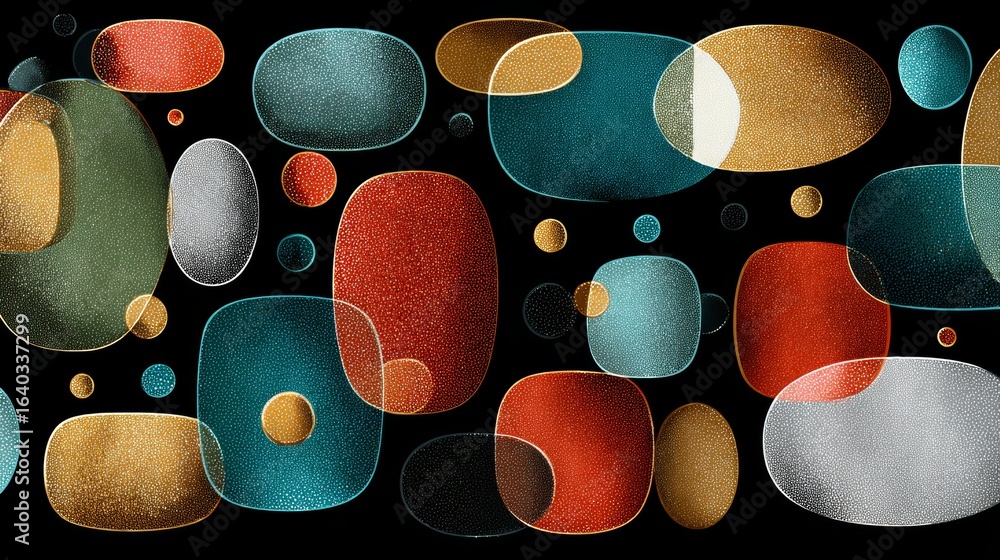 Poster an abstract design featuring colorful geometric shapes and circular elements on a black background, 