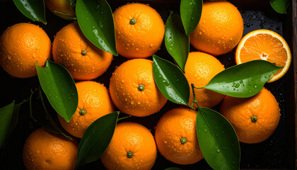 Overhead view of fresh oranges with green leaves, one sliced open, arranged in a wooden box.