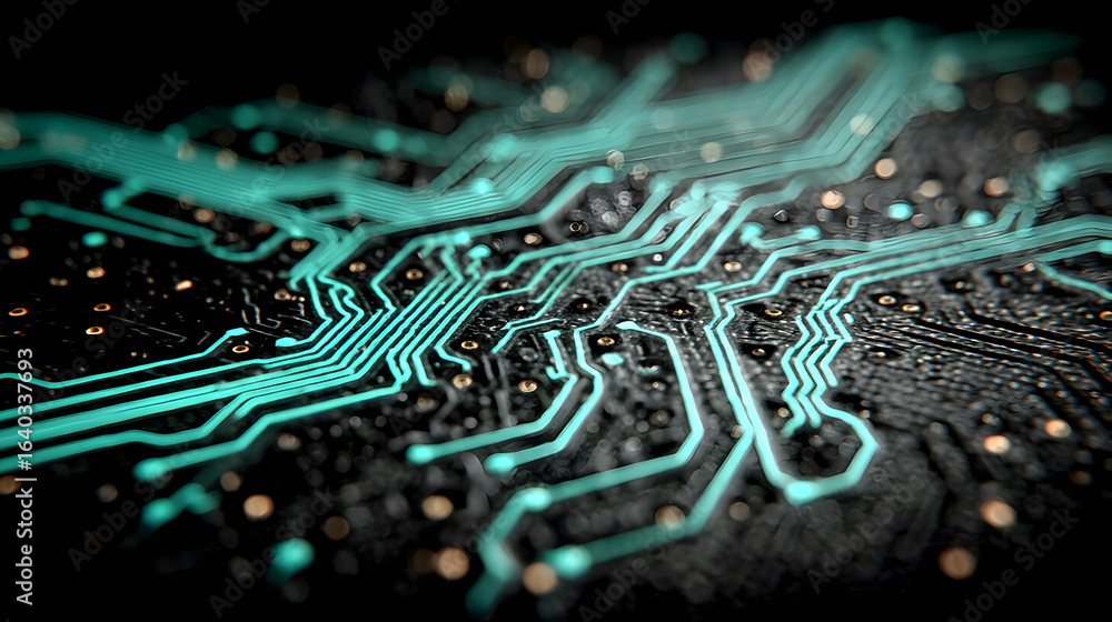 Poster close-up of a teal circuit board with intricate pathways.