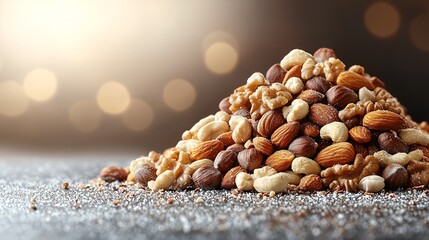 Mixed nuts pile on dark surface with bokeh background.
