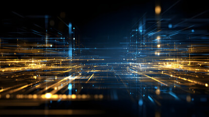 Abstract digital circuit board background; glowing blue and gold lines; technological innovation concept; futuristic data network.