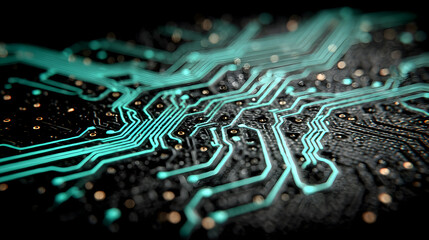 Fototapeta premium Close-up of a teal circuit board with intricate pathways.