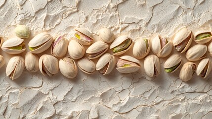 Line of pistachios on cracked white surface.