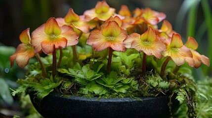 Orange flowers in a dark pot with moss.