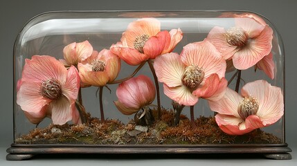 Peach-colored flowers under glass dome.