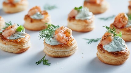Golden-brown puff pastry shells filled with creamy white spread, topped with cooked shrimp and fresh dill sprigs, arranged on a bright white surface