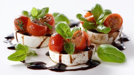 Three small rounds of mozzarella, topped with cherry tomatoes, fresh basil, and balsamic glaze