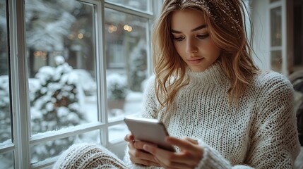 Woman using tablet by snowy window.