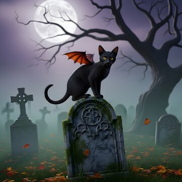 Vampire cat with tiny bat wings, Halloween palette.

