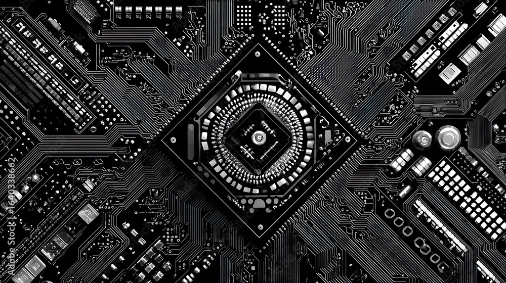 Poster abstract image of a dark grey and black central square surrounded by various smaller technological c
