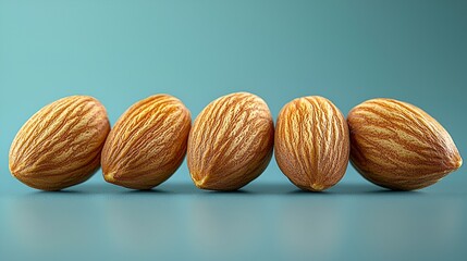 Five almonds in a row on a teal background.