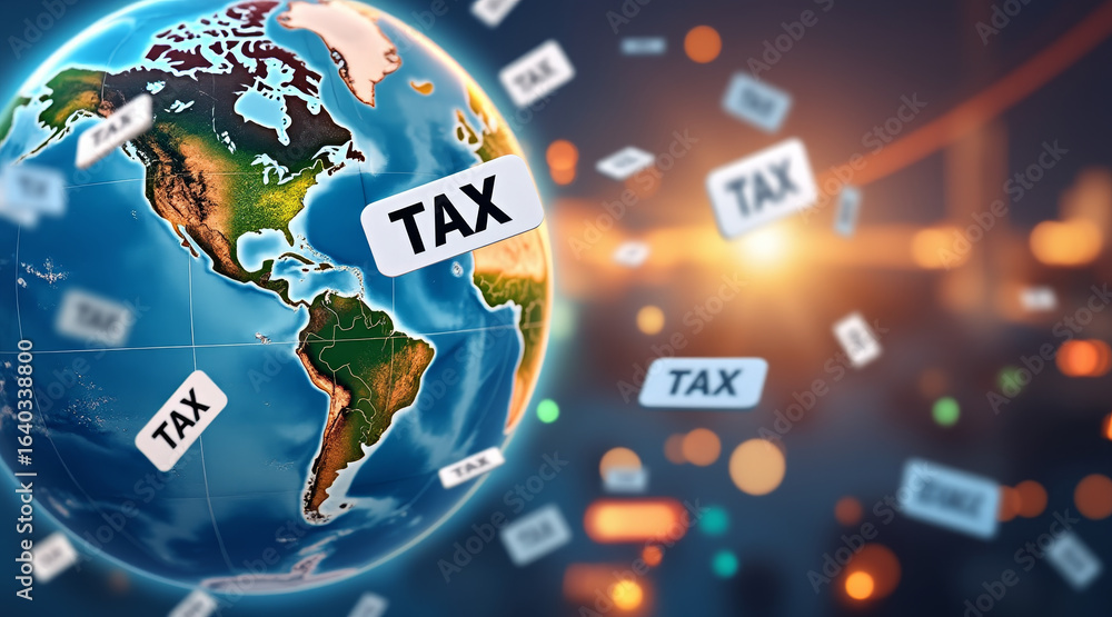 Poster export tariff concept ,floating tax icons above spinning globe of international finance create dynam