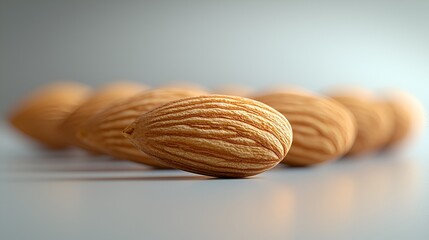 Close-up of a single almond in focus, with blurred almonds in the background.