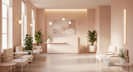 Fototapeta premium Modern waiting area with comfortable seating and plants creates a welcoming atmosphere for clients, perfect for healthcare, hospitality, or design businesses seeking a serene aesthetic