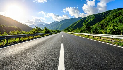 Fototapeta premium Endless Stretch of Asphalt Road with Clear Blue Sky and Bright White Lane Markings Inviting Journey Ahead