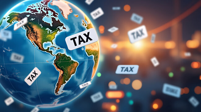 Export tariff concept ,Floating tax icons above spinning globe of international finance create dynamic visual representation