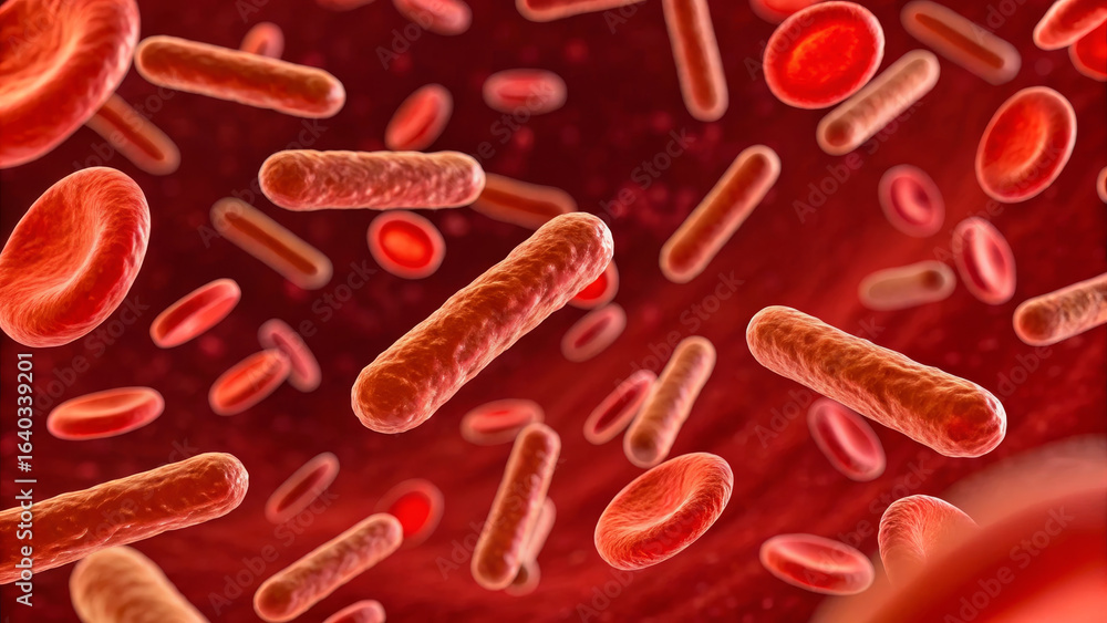 Poster salmonella outbreak concept ,bacteria attacking red blood cells in microscopic view, showcasing dyna