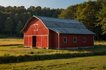 A small countryside barn with a red roof