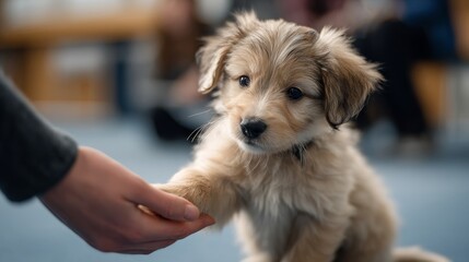A small, fluffy puppy shakes hands with a human hand, showing playful and affectionate interaction between pet and owner.