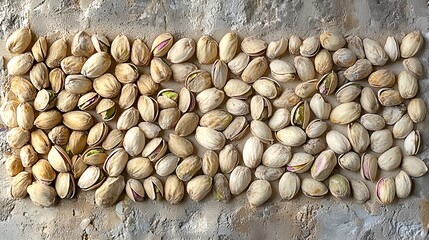 Flat lay of many shelled pistachios on a textured surface.