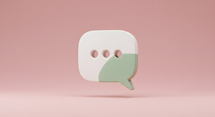 A 3D rendering of a speech bubble icon with three dots, colored in white and green, against a pink background.