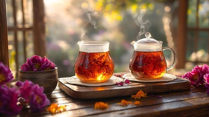 Steaming herbal tea in glass teapots and cups on wooden tray, surrounded by flowers at sunrise.