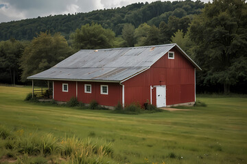 Obraz premium A small countryside barn with a red roof