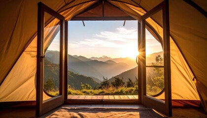 Fototapeta premium Serene Camping Tent with Majestic Mountain View Surrounded by Lush Greenery and Clear Blue Sky