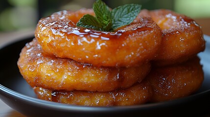 Close-up of four golden-brown, sweet, fried pineapple rings stacked on a dark plate, garnished with mint.