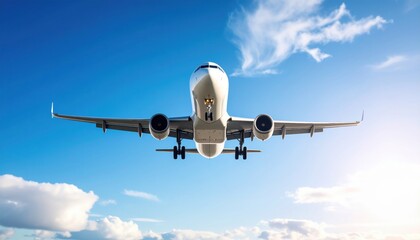 Fototapeta premium Majestic Passenger Jet Soaring Through Clear Blue Sky with Graceful Clouds Creating a Sense of Freedom