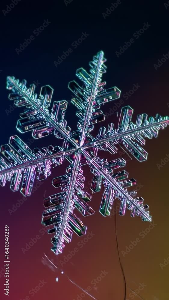 Poster detailed macro photograph of a symmetrical snowflake with intricate crystal structure on a dark back