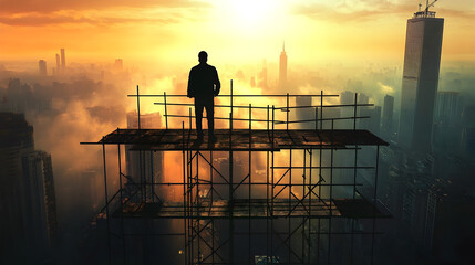 Fototapeta premium Silhouette of man standing on scaffolding overlooking cityscape at sunset with orange sky